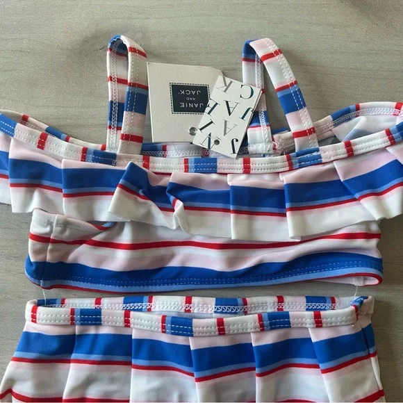 NWT Janie and Jack Girls Two-Piece Ruffle Stripe Swimsuit Blue, Red, White Pink - Picture 3 of 4